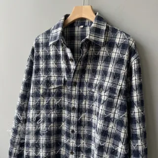 Bavlnená látka YARN DYED BRUSHED Check EMBROIDERY navy