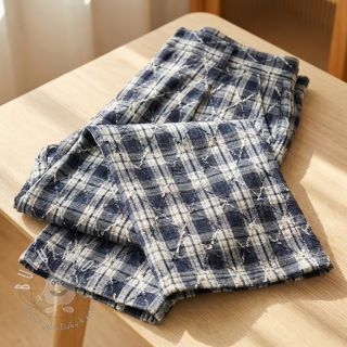 Bavlnená látka YARN DYED BRUSHED Check EMBROIDERY navy