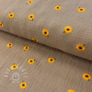Dvojitá gázovina/mušelín EMBROIDERY Sunflowers beige