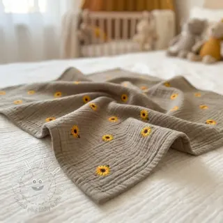 Dvojitá gázovina/mušelín EMBROIDERY Sunflowers beige