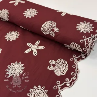 Bavlnená látka EMBROIDERY Sea ornaments bordeaux