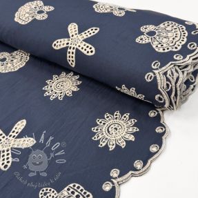 Bavlnená látka EMBROIDERY Sea ornaments navy