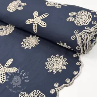 Bavlnená látka EMBROIDERY Sea ornaments navy