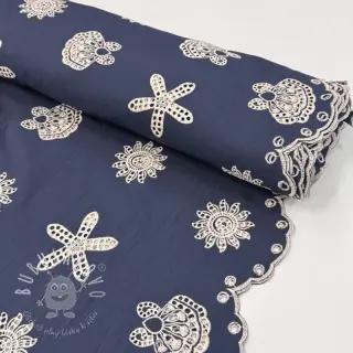 Bavlnená látka EMBROIDERY Sea ornaments navy
