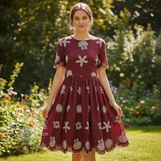 Bavlnená látka EMBROIDERY Sea ornaments bordeaux