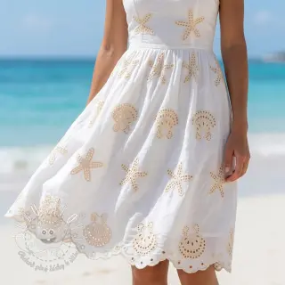 Bavlnená látka EMBROIDERY Sea ornaments white
