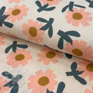 Dvojitá gázovina/mušelín Flowers peach by JENNIFER BOURON ORGANIC
