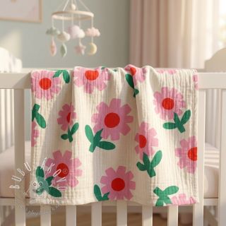 Dvojitá gázovina/mušelín Flowers natural/pink by JENNIFER BOURON ORGANIC