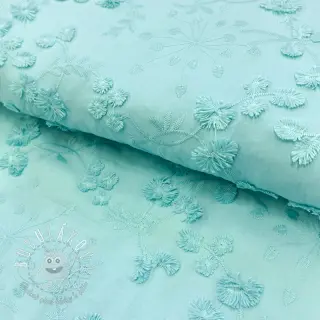 Bavlnená látka EMBROIDERY Catchy leaves aqua