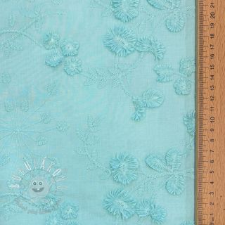 Bavlnená látka EMBROIDERY Catchy leaves aqua
