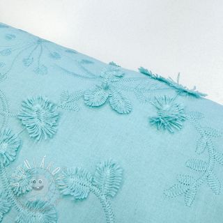 Bavlnená látka EMBROIDERY Catchy leaves aqua