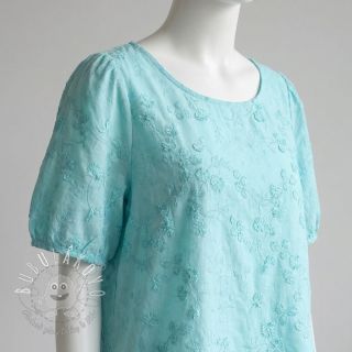 Bavlnená látka EMBROIDERY Catchy leaves aqua