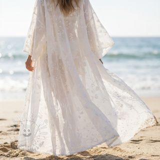 Bavlnená látka EMBROIDERY Catchy leaves off white