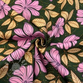 Bavlnená látka SATIN Autumn flowers dark green