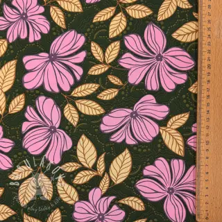 Bavlnená látka SATIN Autumn flowers dark green