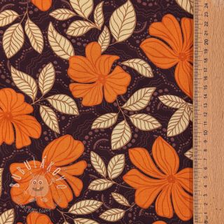 Bavlnená látka SATIN Autumn flowers dark brown