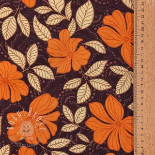 Bavlnená látka SATIN Autumn flowers dark brown