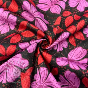 Bavlnená látka SATIN Autumn flowers dark red