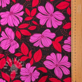 Bavlnená látka SATIN Autumn flowers dark red