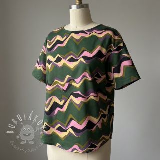 Bavlnená látka SATIN Abstract waves dark green