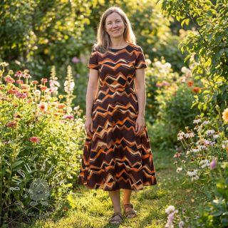 Bavlnená látka SATIN Abstract waves dark brown