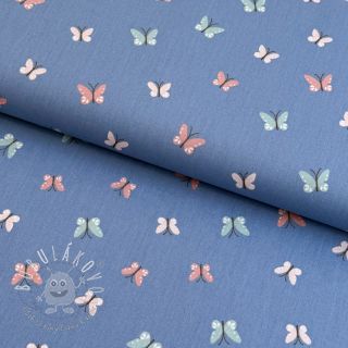 Bavlnená látka Birds and butterflies blue ORGANIC