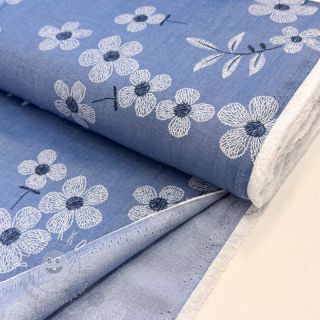 Bavlnená látka JEANS Chambre LUXURY JACQUARD Flowers jeans