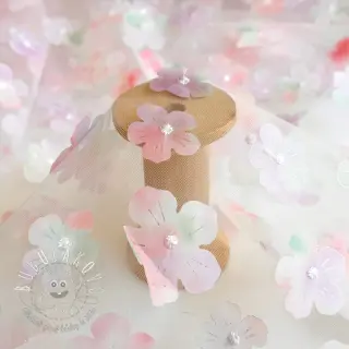 Tyl na TUTU RETRO Flowers lavender