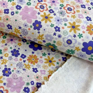 Teplákovina počesaná Glitter flowers ecru melange
