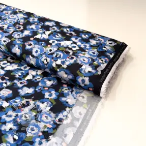 Viskóza POPLIN STRETCH Painted flowers navy digital print