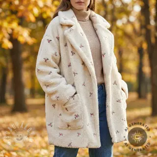 Kabátovina TEDDY EMBROIDERY Flowers ecru