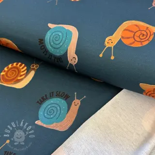 Teplákovina počesaná Snails petrol digital print
