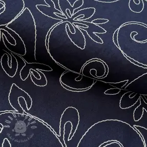 Viskóza s ľanom EMBROIDERY Flora navy
