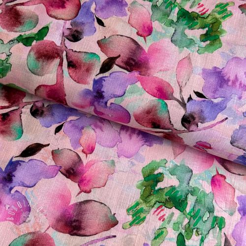 Ľan s bavlnou Aquarel leaves pink digital print
