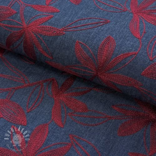 Bavlnená látka JEANS Embroidery Flowers burgundy
