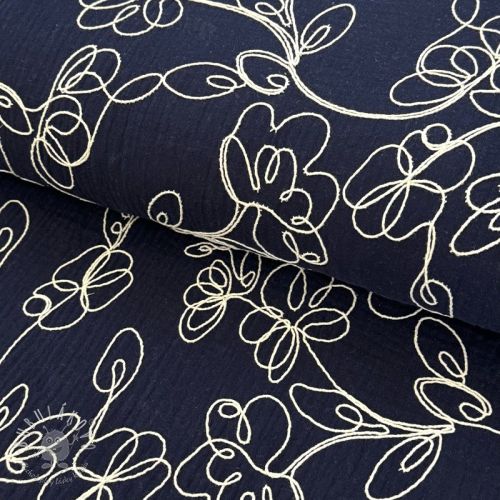 Dvojitá gázovina/mušelín EMBROIDERY Climbing flowers navy