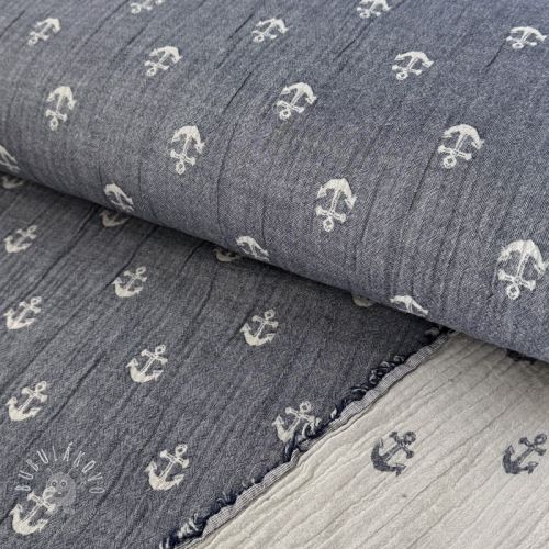 Dvojitá gázovina/mušelín JACQUARD Anchor 2-side faded gray navy