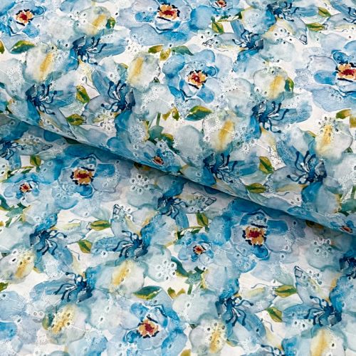 E-shop Bavlnená látka EMBROIDERY Peony roses blue digital print