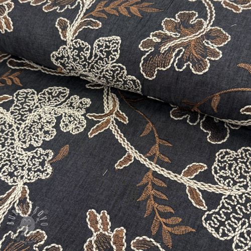 Bavlnená látka JEANS Embroidery leaves black