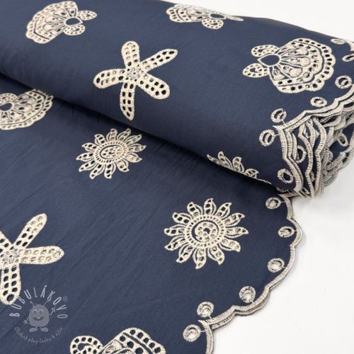Bavlnená látka EMBROIDERY Sea ornaments navy