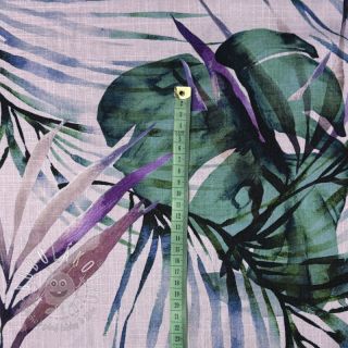 Viskóza s ľanom Tropical leaves purple digital print