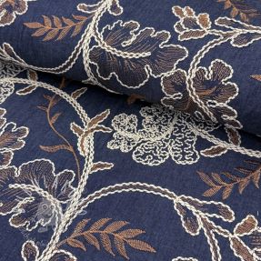 Bavlnená látka JEANS Embroidery leaves dark blue