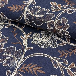 Bavlnená látka JEANS Embroidery leaves dark blue