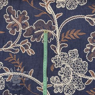 Bavlnená látka JEANS Embroidery leaves dark blue