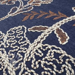 Bavlnená látka JEANS Embroidery leaves dark blue
