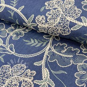 Bavlnená látka JEANS Embroidery leaves light blue