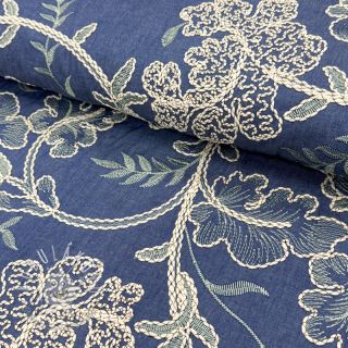 Bavlnená látka JEANS Embroidery leaves light blue