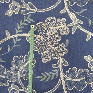 Bavlnená látka JEANS Embroidery leaves light blue