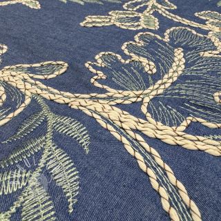 Bavlnená látka JEANS Embroidery leaves light blue