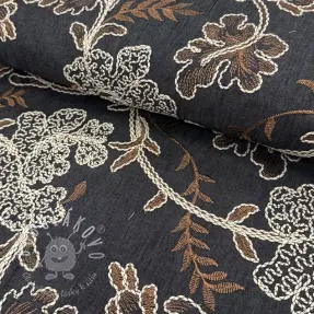 Bavlnená látka JEANS Embroidery leaves black